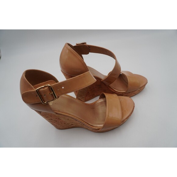 Stuart Weitzman Nude Patent Leather Open Toe Ankle Strap Cork Wedge Heel Size 9M - Picture 1 of 14